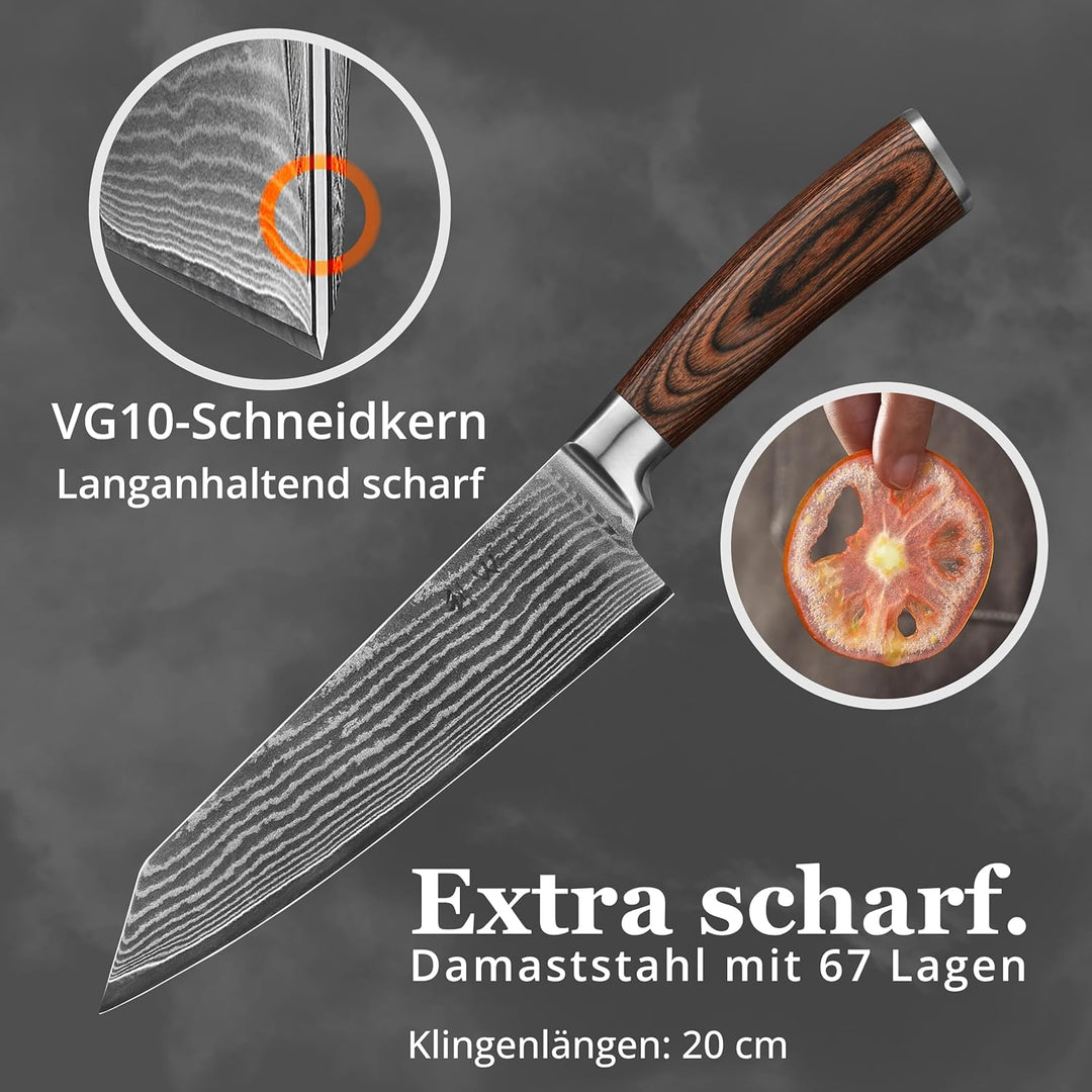 Wakoli EDIB Kiritsuke Messer aus echtem Damaststahl (VG10 Kern) mit 20 cm Klinge – Scharfes Küchenme