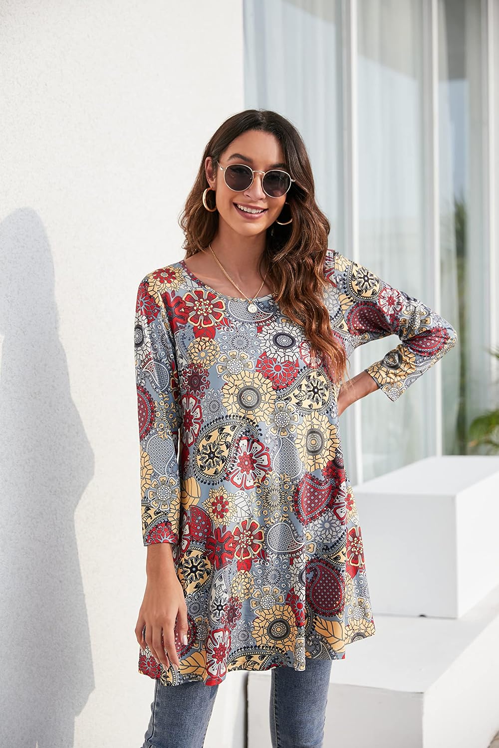 Enmain Damen Tunika Shirt Langarm/Kurzarm Bluse mit Blumen Longshirt Casual Elegante 3/4 Ärmel Rundh
