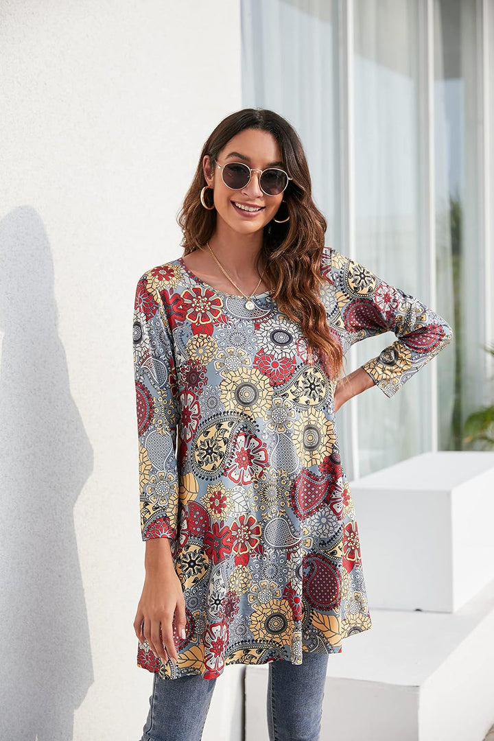 Enmain Damen Tunika Shirt Langarm/Kurzarm Bluse mit Blumen Longshirt Casual Elegante 3/4 Ärmel Rundh