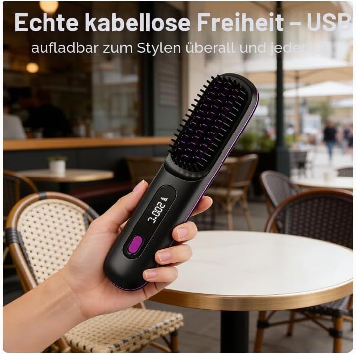 Stylingbürste für kurze Haare Elektrisch, 3-in-1 Kabelloser Haarglätter mit LED Display &amp; Keramiksch