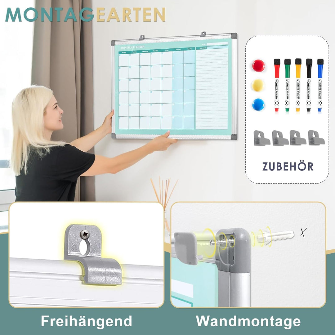 MAKELLO Magnetischer Monatskalender, Whiteboard, 91,4 x 61 cm, trocken abwischbar, Wandmontage, Alum