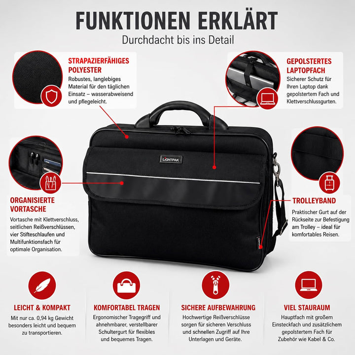 Lightpak Laptoptasche Elite S für 15 Zoll Notebooks, Umhängetasche aus Polyester mit Organizer-Fach