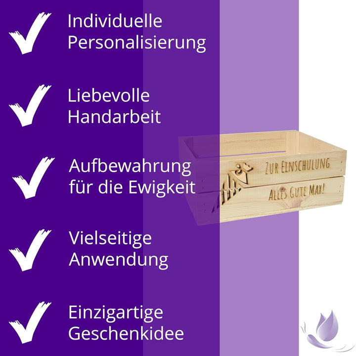 Holzkiste Personalisiert mit Wunschtext Schultüte zur Einschulung - Gravierte Erinnerungskiste Schul