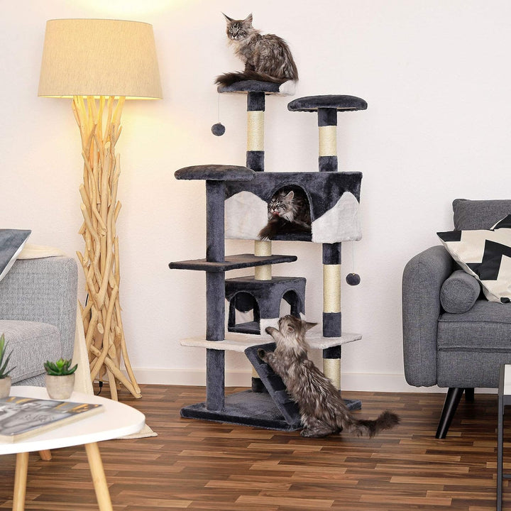 lionto Kratzbaum für Katzen mit 2 Plüschbällen & 3 Plattformen, Höhe 130 cm, Katzenbaum mit Sisal &