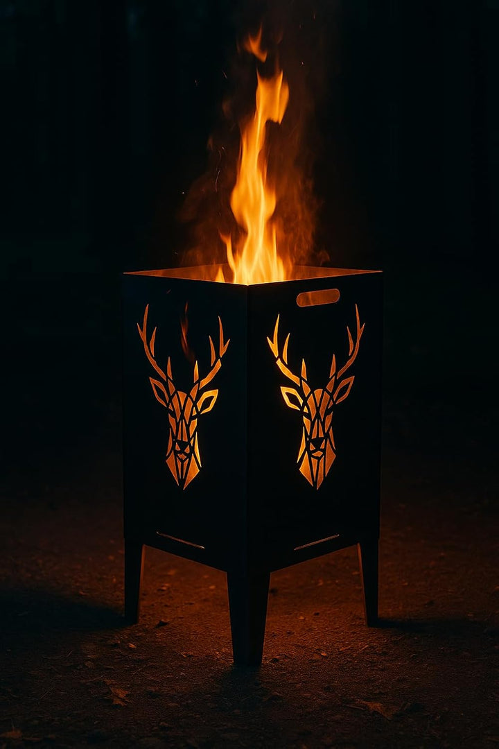 Feuertonne Hirsch & Löwe - Massive Feuerkorb Feuerschale aus Stahl Outdoor Firepit mit Motiv Stabil,
