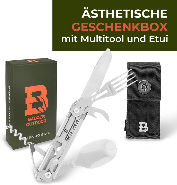 Badger Outdoor Paw 6in1 Multitool - Multifunktionsmesser aus Edelstahl - Camping-Besteck für Wandern