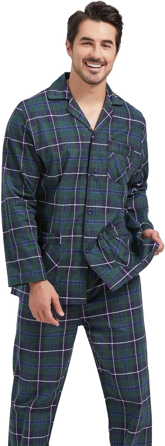 Amaxer Flanell Schlafanzug Herren 100% Baumwolle Pyjama mit Knopfleiste Set Lang Warmer Winter Schla