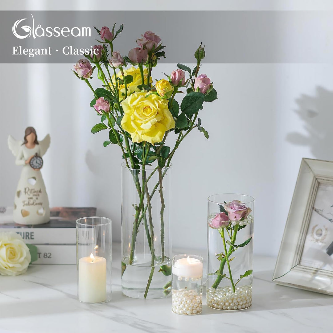 Glasseam Deko Vase Glas Zylinder Tischdeko 3 Stück/Satz Blumen Vasen Set Modern Glasvase Rund Glaszy