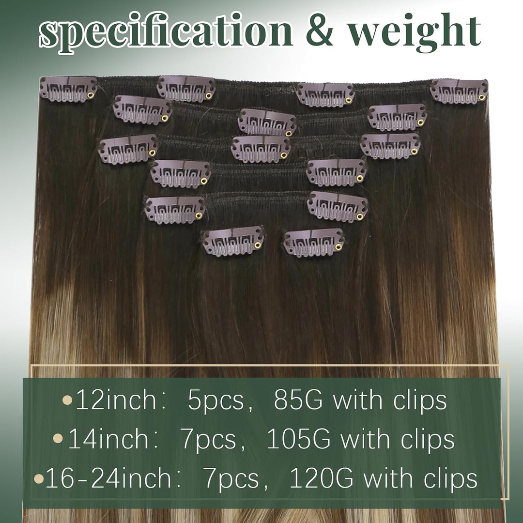 Ugeat 55cm Echthaar Extensions 120 Gramm Clip in Echthaar Tressen Clips Echthaar Dunkel Braun bis Mi