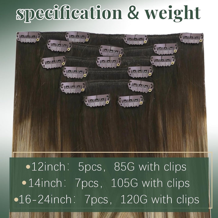 Ugeat 55cm Echthaar Extensions 120 Gramm Clip in Echthaar Tressen Clips Echthaar Dunkel Braun bis Mi