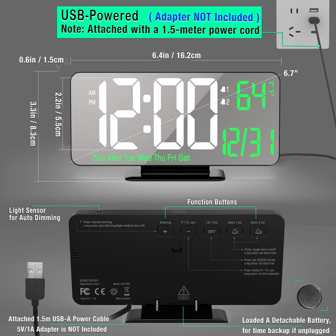 KOSUMOSU Tischuhr 6,7 Zoll Schwarze Digitale Weckeruhr mit Doppelalarm, wecker digital,digitalwecker