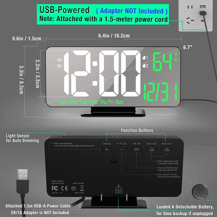 KOSUMOSU Tischuhr 6,7 Zoll Schwarze Digitale Weckeruhr mit Doppelalarm, wecker digital,digitalwecker