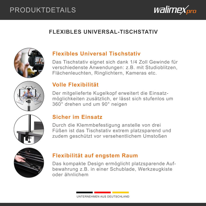 Walimex pro Tischstativ Table Top für Mini Kamera 35-65cm Lichtstativ mit 1/4" Kugelkopf I Klemmstat