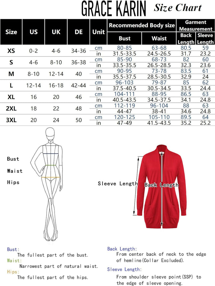 GRACE KARIN Damen Langarm Offene Strickjacke Lang Strickmantel Casual High Stretchy Cardigan mit Tas
