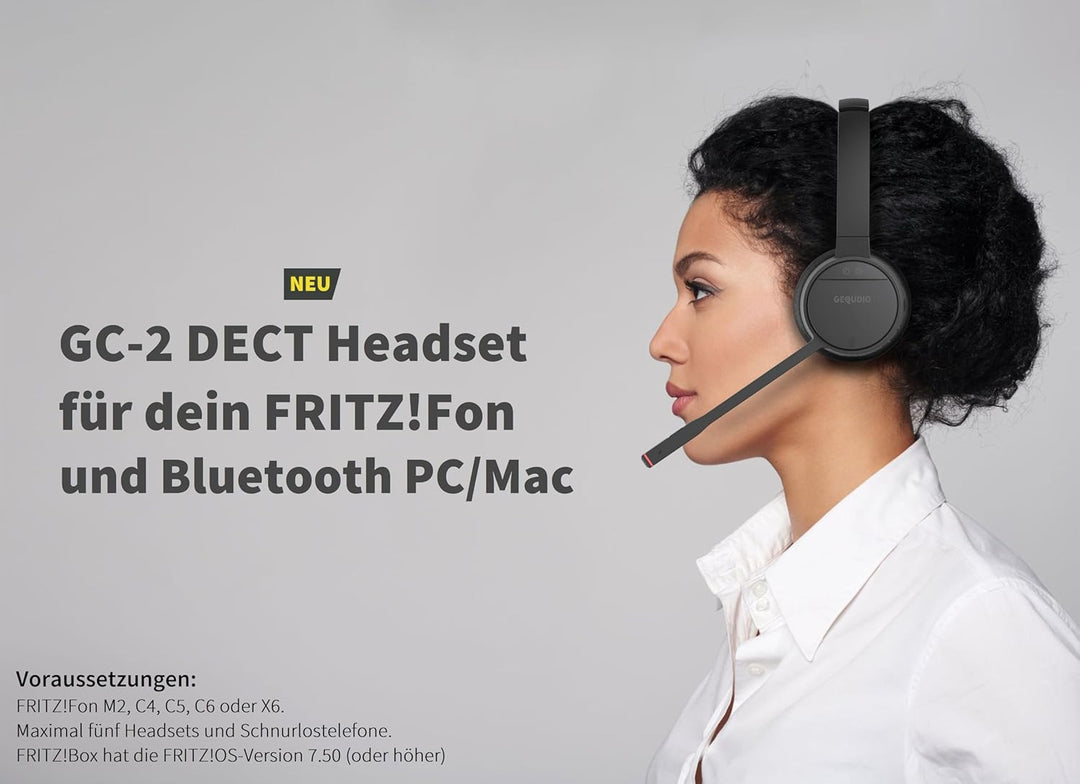 GEQUDIO GC-2 DECT Headset für FritzBox - Kabellos Telefonieren mit Anrufsteuerung am FritzFon – Dual
