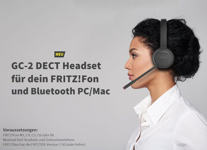 GEQUDIO GC-2 DECT Headset für FritzBox - Kabellos Telefonieren mit Anrufsteuerung am FritzFon – Dual