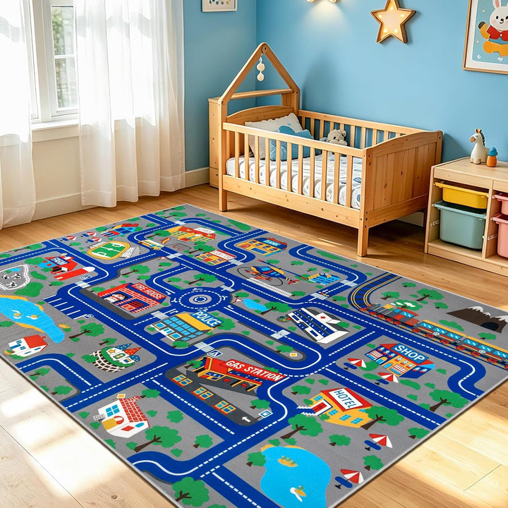 Capslpad Kinder Teppich Spielteppich für Kinder Stadt 150x200cm rutschfest Kinderteppich Spielmatte