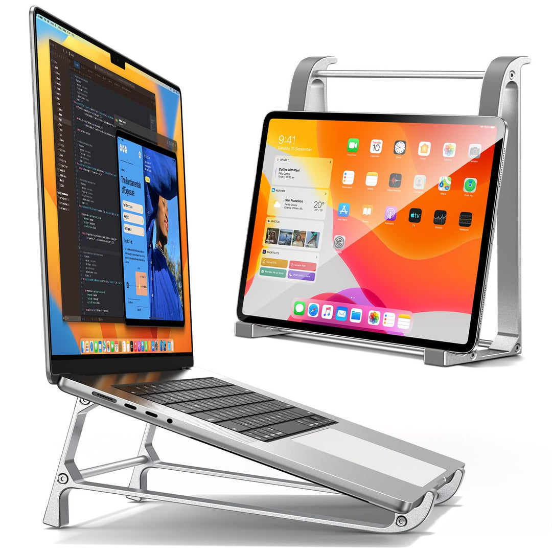 MAGIC JOHN Vertikaler Laptop Ständer & Aufbewahrungshalter–Tragbarer Aluminium Ständer mit Silikonpo