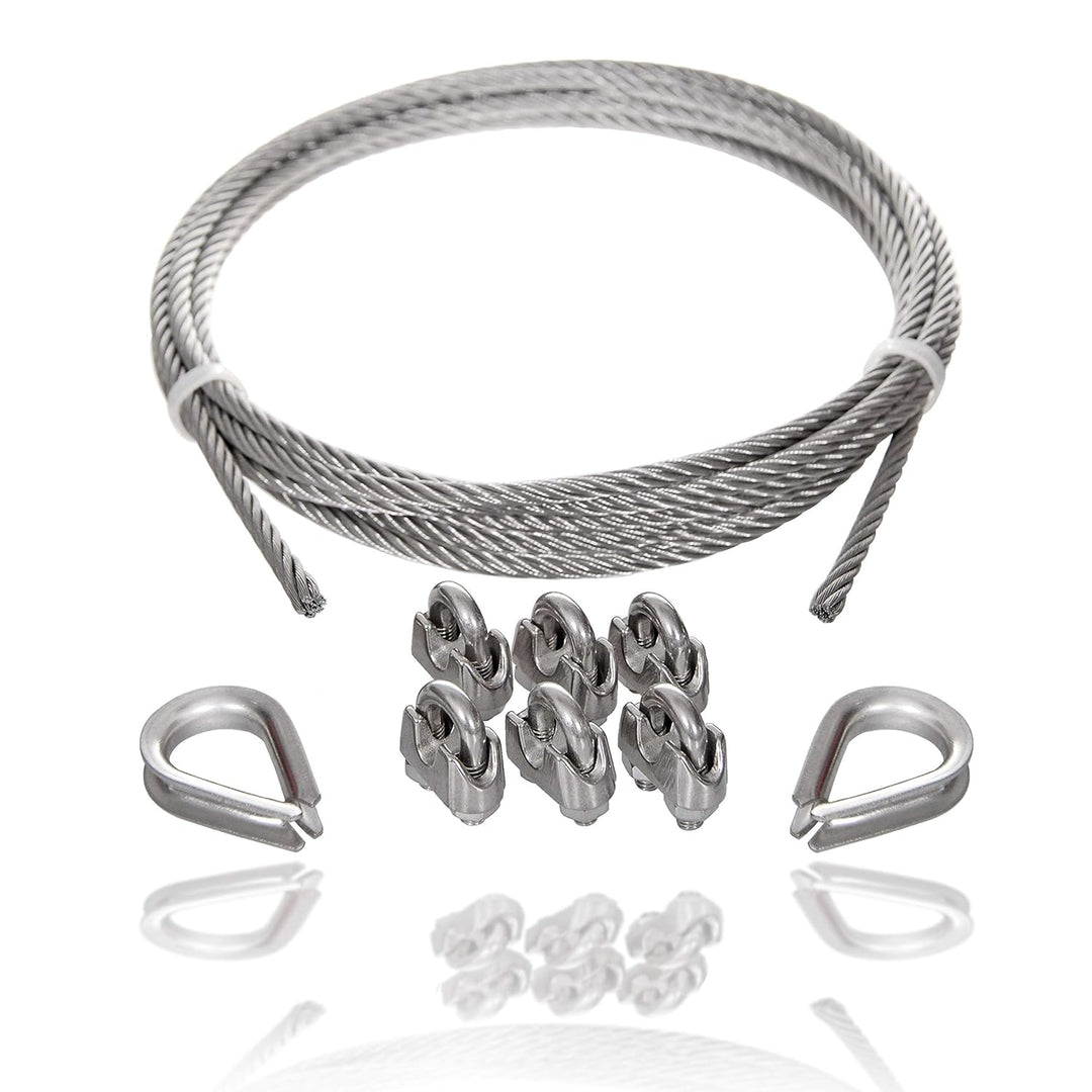 Drahtseile24 Edelstahlseil Set mit 6x Seilklemmen und 2x Seilkauschen | Edelstahl Drahtseil Set | 2m