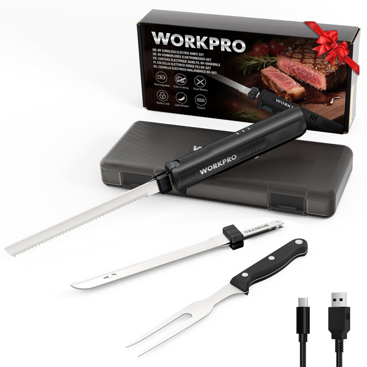 WORKPRO Elektromesser 8V, Kabelloses Küchenmesser mit 2 Edelstahlklingen, Elektrisches Messer mit Ga