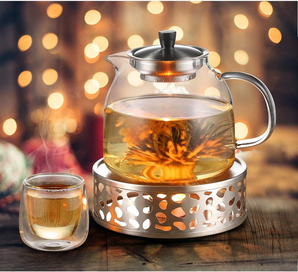ecooe 1000mL Teekanne mit Stövchen Teebereiter Glas und Edelstahl Teewärmer Type6 Silberne Teekanne