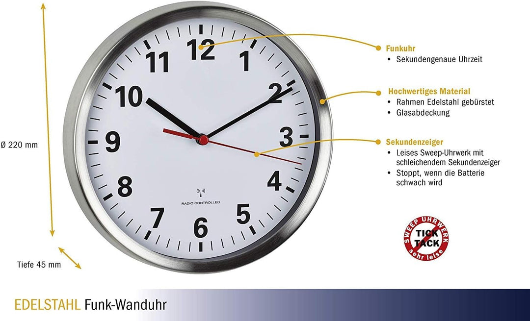 TFA Dostmann Funkwanduhr, mit geräuscharmen Sweep Uhrwerk, Glas, leise, analoge Wanduhr, edelstahl/w