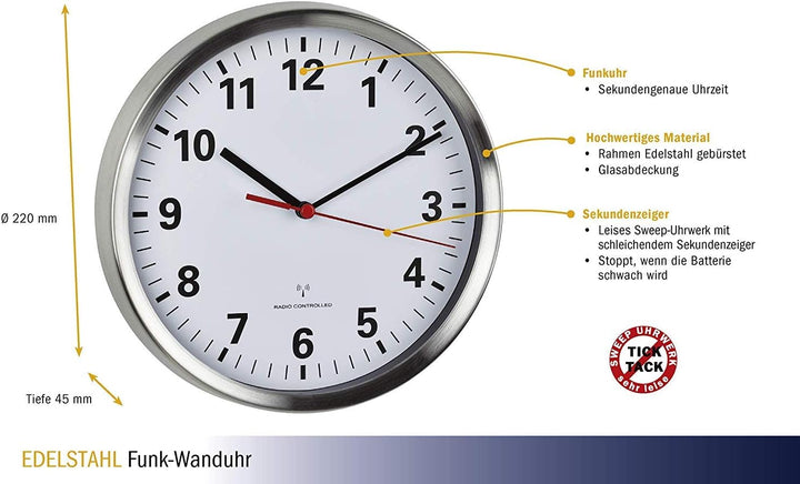 TFA Dostmann Funkwanduhr, mit geräuscharmen Sweep Uhrwerk, Glas, leise, analoge Wanduhr, edelstahl/w