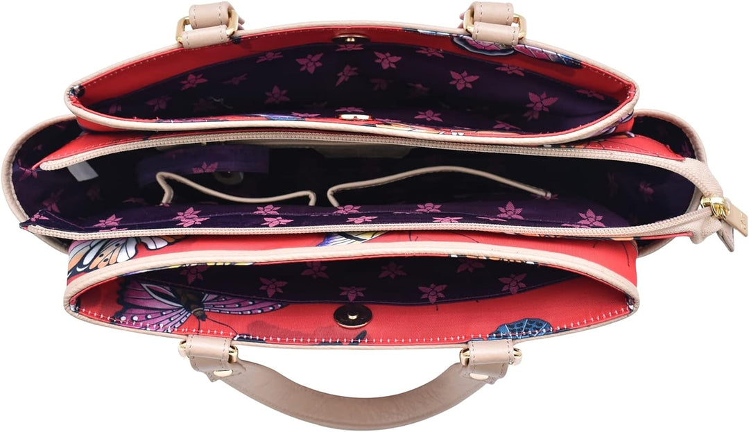 Anuschka Satchel mit Fächern - Wanderlust Kollektion - Nylonstoff mit Leader Trim und Kunstdruck But