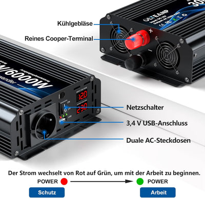 OLTEANP Spannungswandler 12v 230v 3000W -Modifizierte Sinus Wechselrichter 12v auf 230v Spannungswan