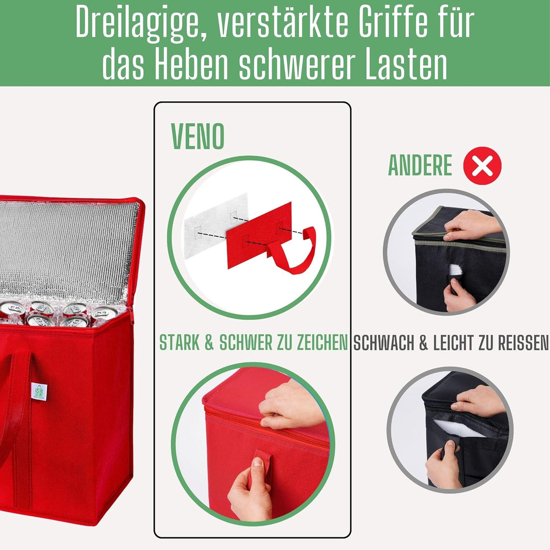 VENO 2-er Pack isolierte, wiederverwendbare Kühltasche, Einkaufstaschen, gross, robuste Griffe, Dopp