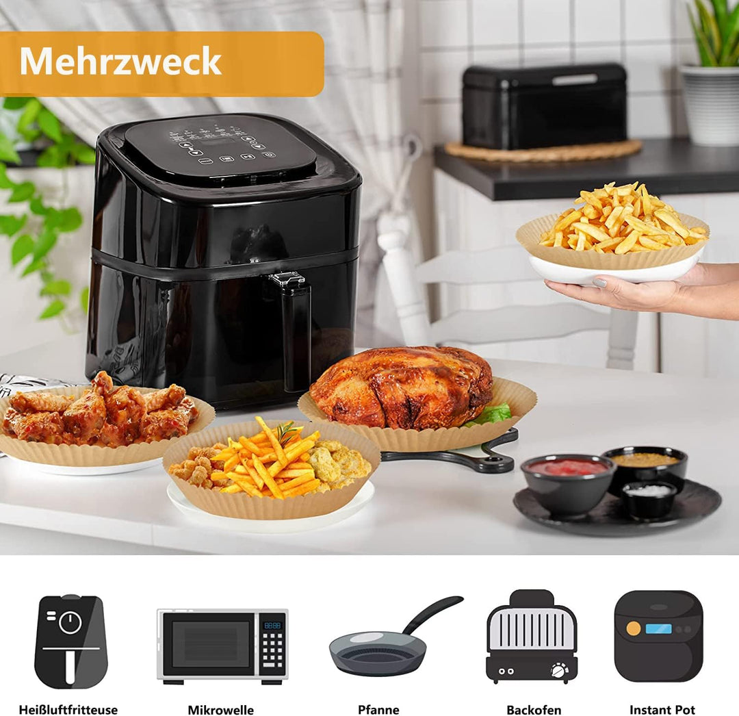 HONYAO Backpapier für Heissluftfritteuse XXL 6,2-8 L, Rund 23 cm 100 Stück Pergamentpapier Airfryer