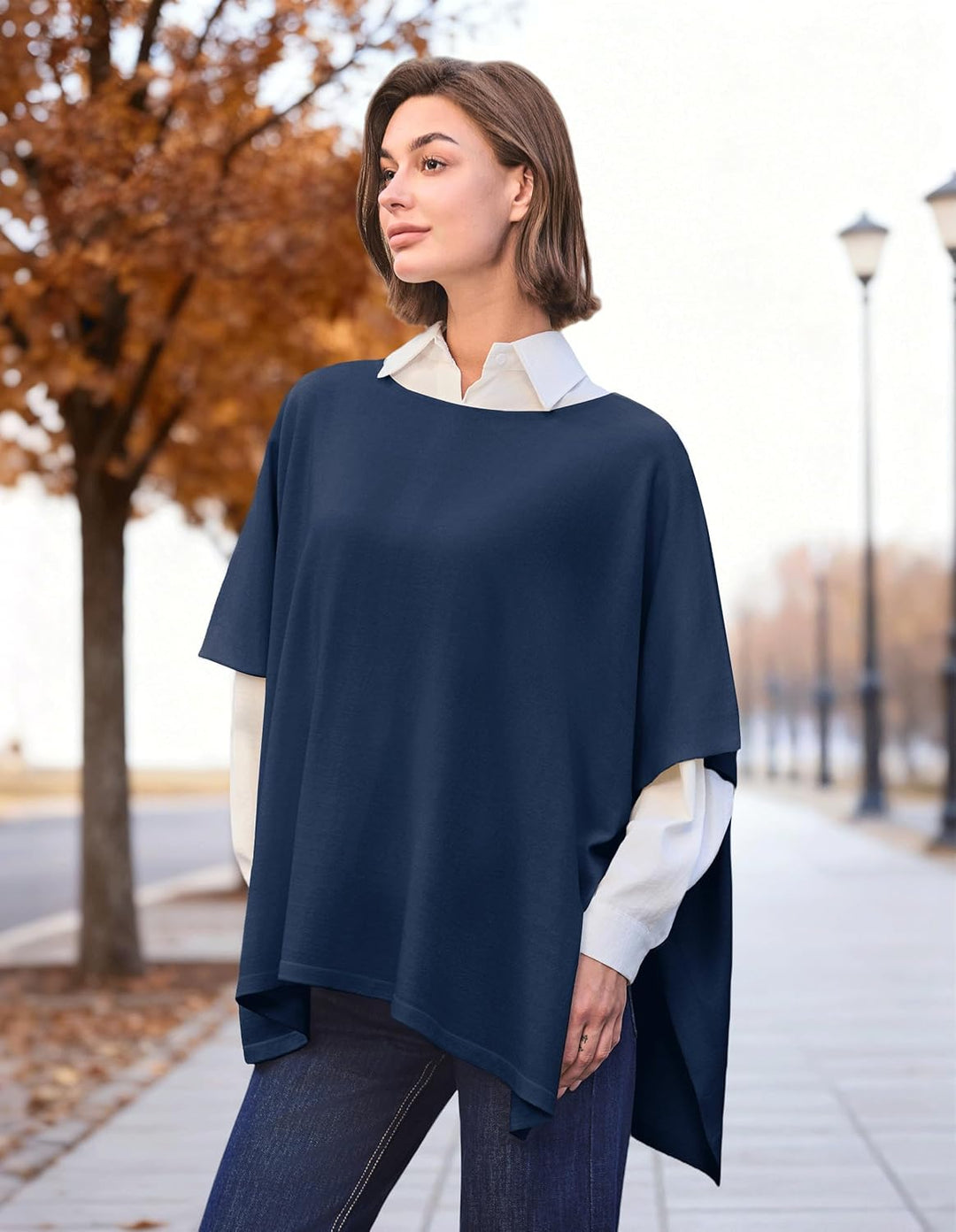 PULI Damen Pullover Poncho Elegant Viskose Strick Locker sitzend Poncho Schal Einheitsgrösse Dark Sl