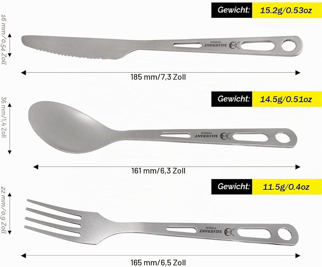 SILVERANT Titan-Besteckset, leichtes Camping-Utensilien-Set, inklusive wiederverwendbarem Messer, Ga