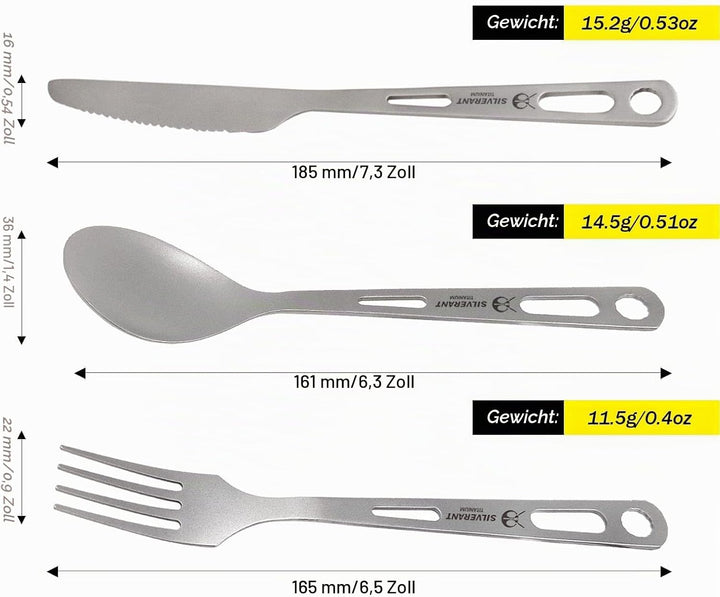 SILVERANT Titan-Besteckset, leichtes Camping-Utensilien-Set, inklusive wiederverwendbarem Messer, Ga