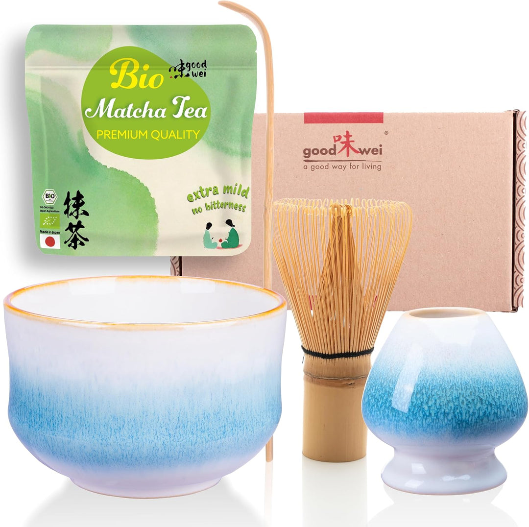 Goodwei Teezeremonie-Set mit hochwertiger Matcha-Schale und echtem Bio Matcha aus Japan (Rindō), Rin