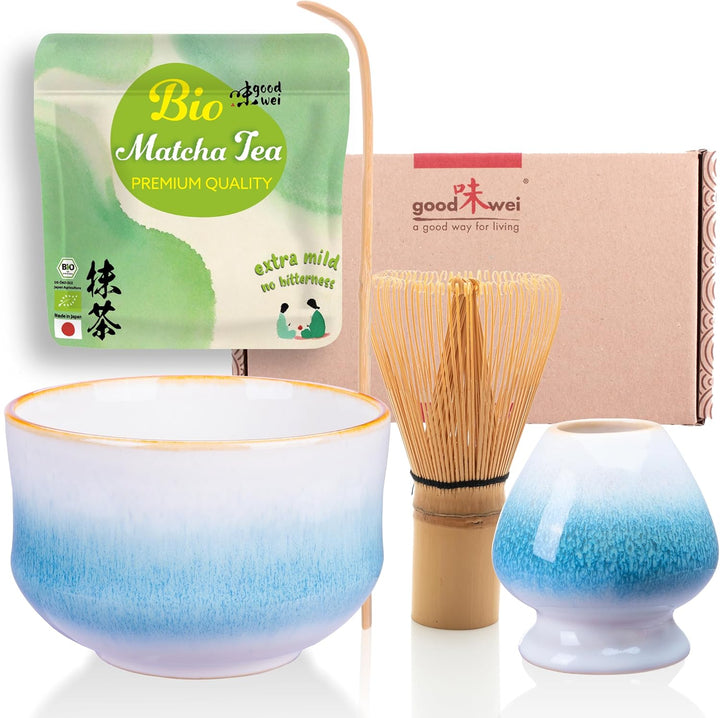 Goodwei Teezeremonie-Set mit hochwertiger Matcha-Schale und echtem Bio Matcha aus Japan (Rindō), Rin