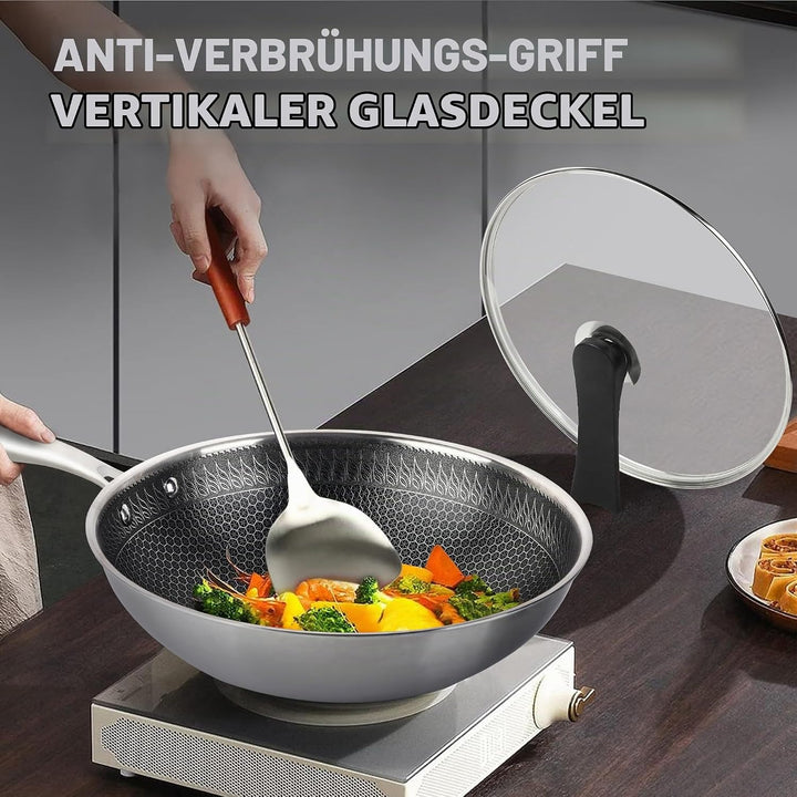 RIOVARM 32cm Edelstahl Wok mit Deckel, Antihaftbeschichtung Flacher Boden Wok-Pfanne, Dreilagig Honi