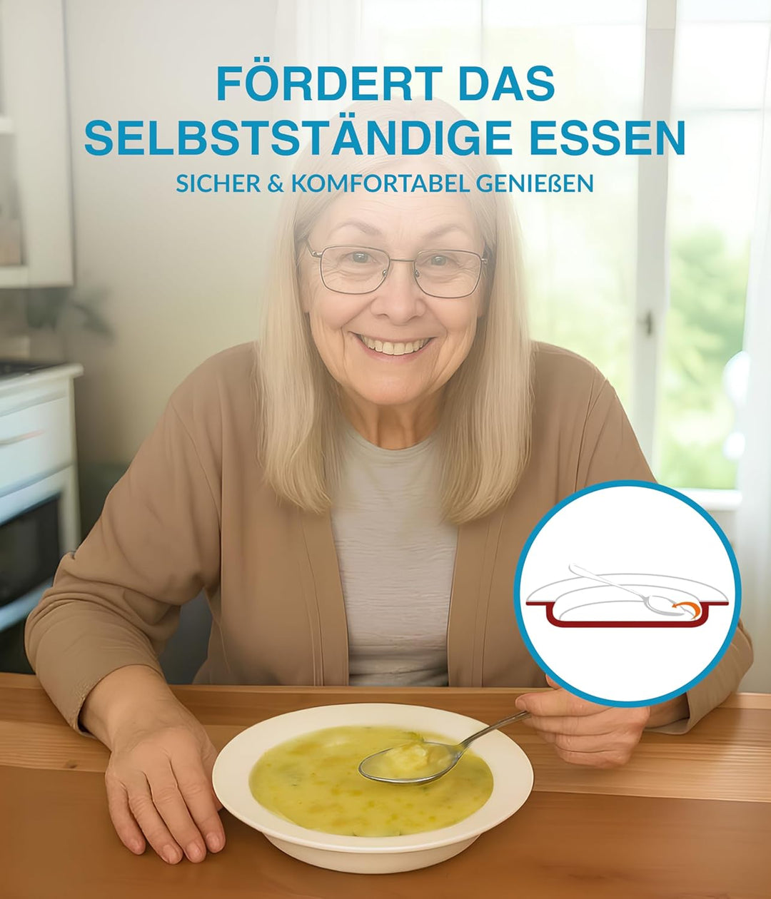 unisonoPLUS Suppenteller Porzellan Weiss 22 cm – Spezialteller mit Schiebekante, rutschfest, spülmas