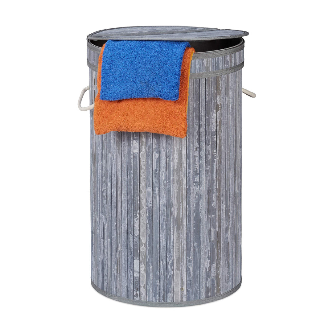 Relaxdays Wäschekorb Bambus, runder Wäschesammler mit Klappdeckel, 65 l, faltbare Wäschetonne, gross
