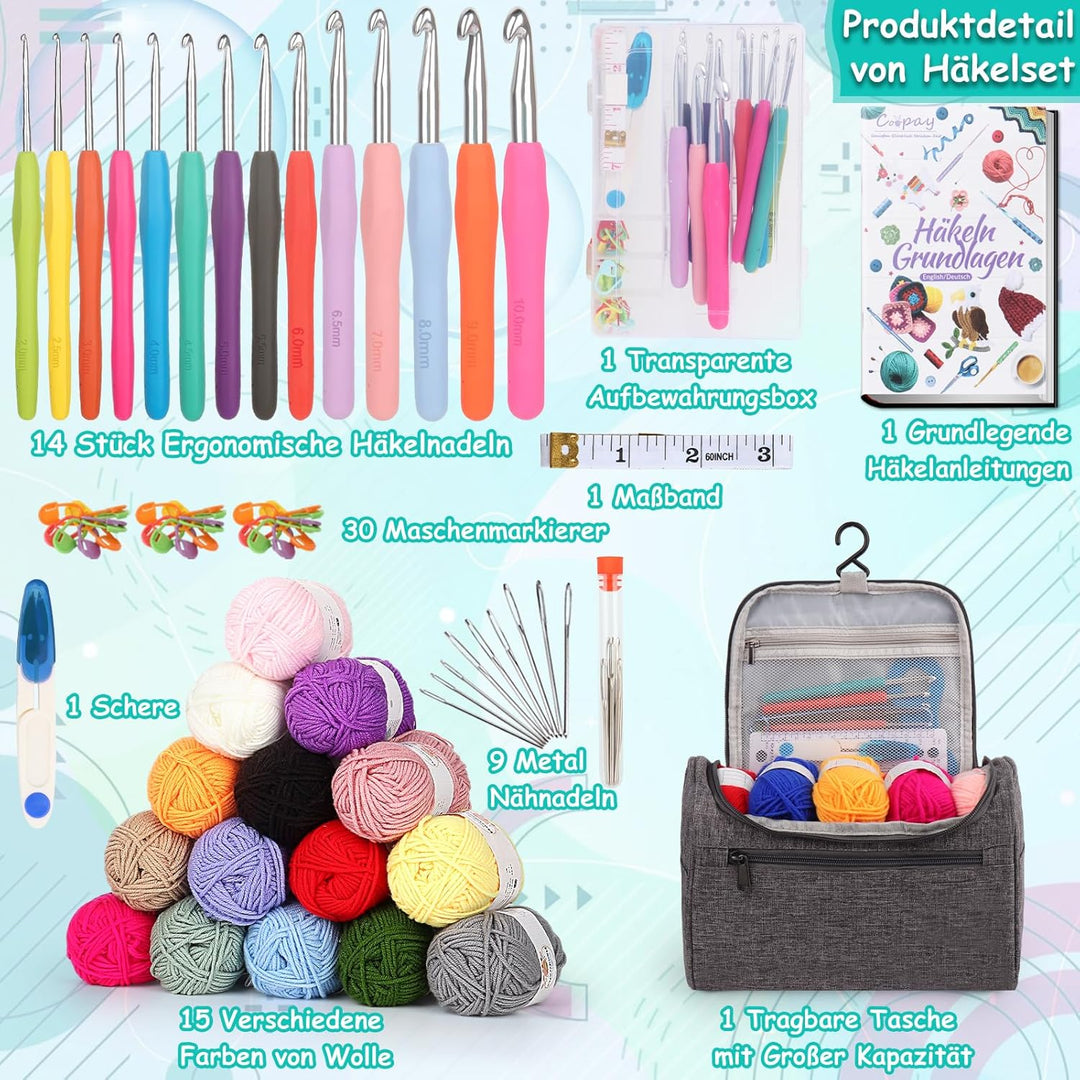 Coopay 73 Stück Häkelset für Anfänger, Tragbar Häkelnadel Set mit 15 Wolle, Tasche, Häkelzubehör, 2,