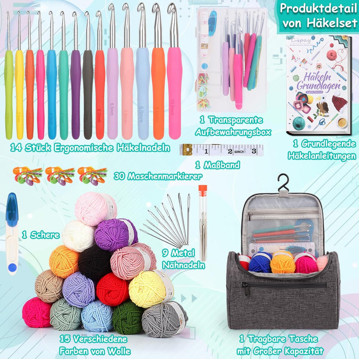 Coopay 73 Stück Häkelset für Anfänger, Tragbar Häkelnadel Set mit 15 Wolle, Tasche, Häkelzubehör, 2,