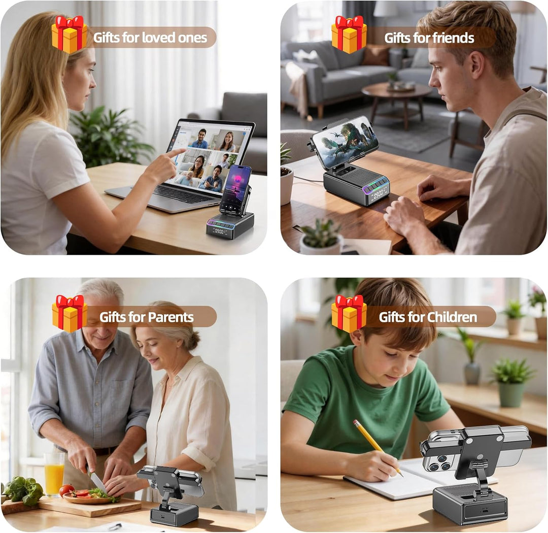 Bluetooth Lautsprecher mit Handyhalterung, 9-in-1 Musikbox Bluetooth 6.0 (Querformat/Hochformat) Ind