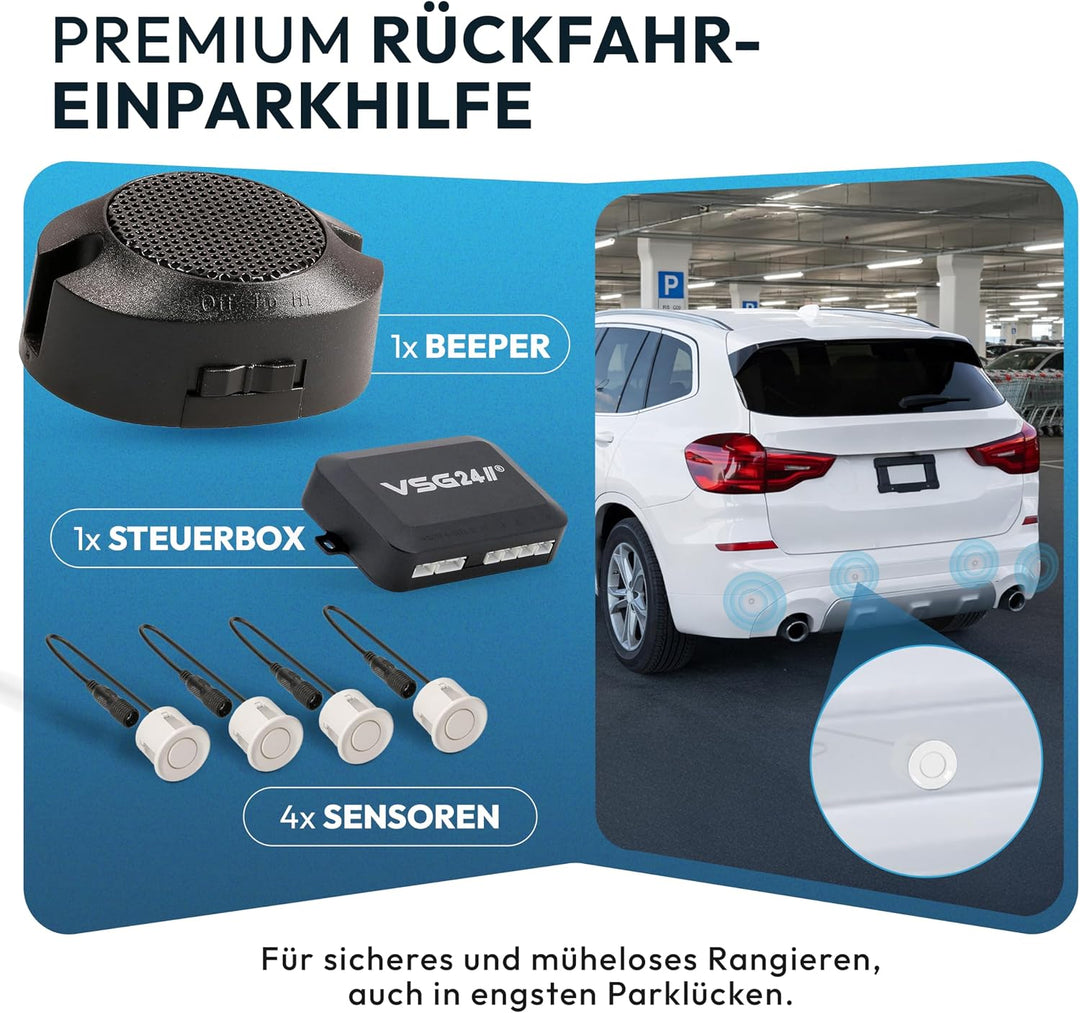 VSG24 Premium Einparkhilfe hinten zum nachrüsten am Auto, PDC Parksensoren hinten mit Stecksystem fü