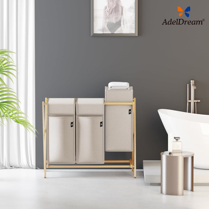 AdelDream Wäschekorb 3 Fächer 150L Bambus Wäschesammler Wäsche Sortiersystem X-förmige Wäschebox lau