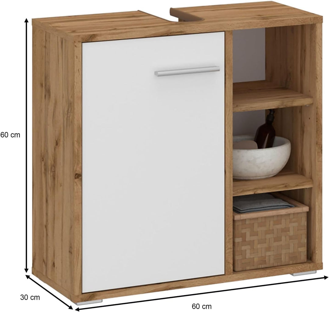 Waschbeckenunterschrank ORNA Wotan Eiche/weiss mit 1 Tür und 3 offenen Fächern, Waschbeckenschrank a