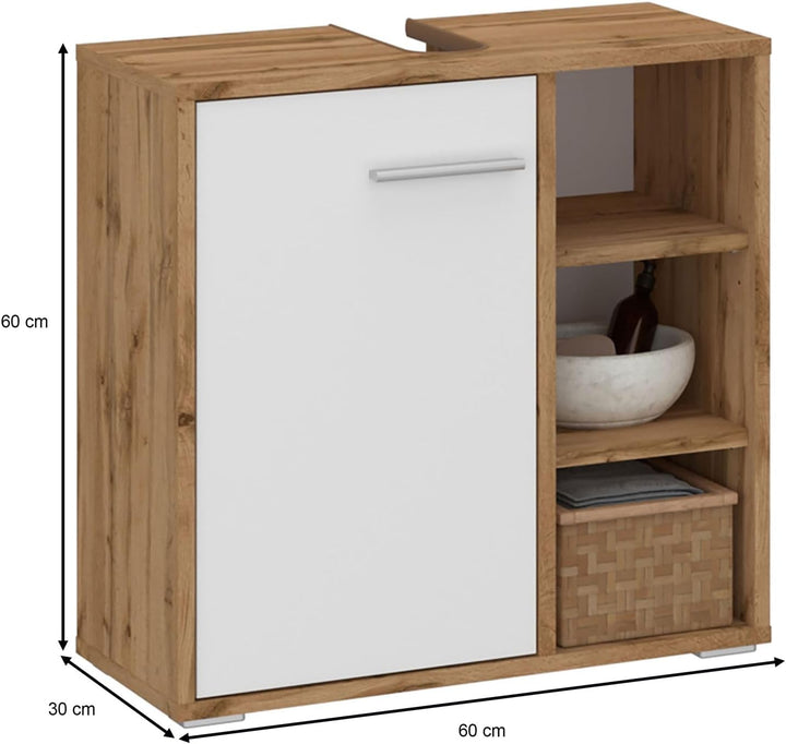 Waschbeckenunterschrank ORNA Wotan Eiche/weiss mit 1 Tür und 3 offenen Fächern, Waschbeckenschrank a