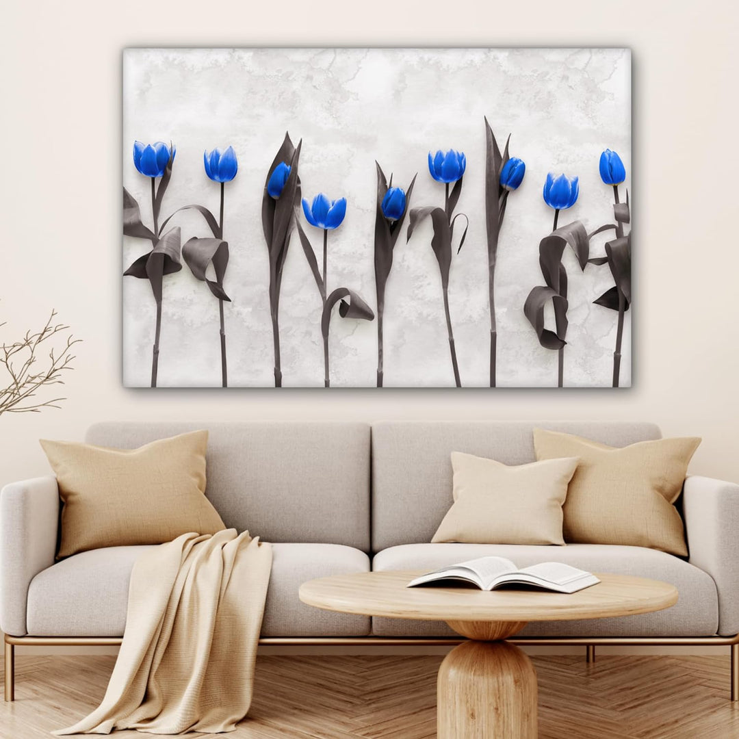 MuchoWow Leinwand Bilder, Einzigartige Wanddeko mit Rahmen, Blumen - Tulpen - Blau, Wandbilder Wohnz