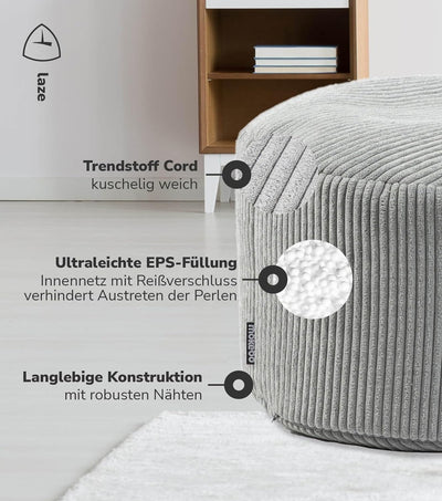 mokebo® Pouf, Hocker o. Sitzhocker aus Cord 40x60 cm 'Der Faule Lenz', Bodenkissen rund in Grau, Fus