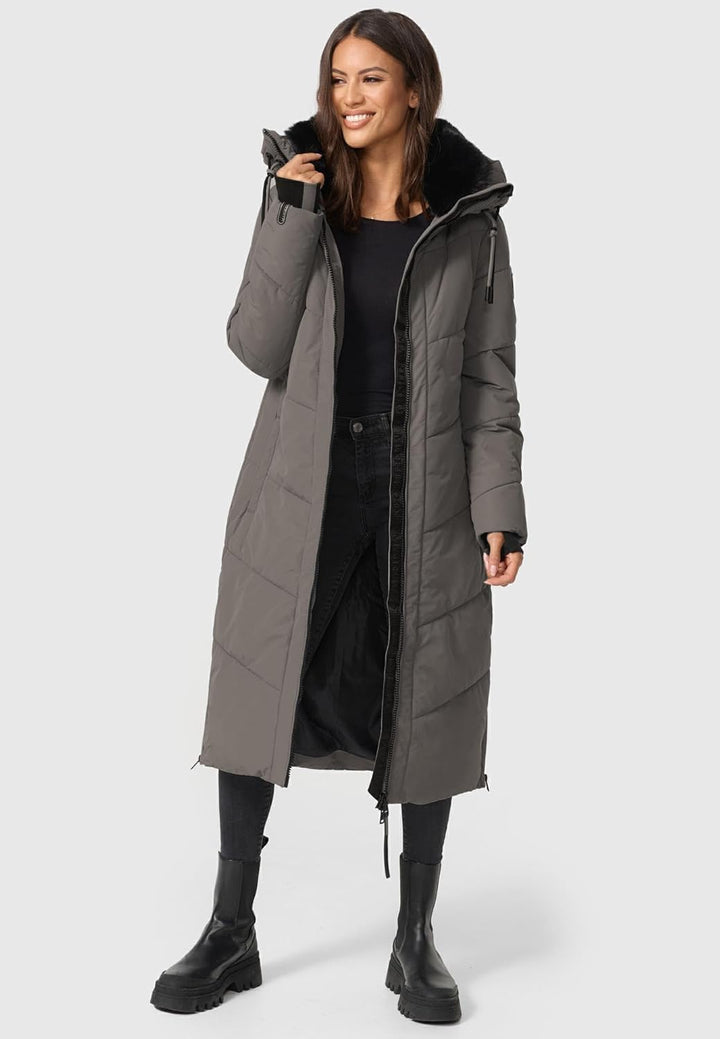 MARIKOO Damen Wintermantel Warmer Steppmantel lang mit Verstellbarer Kapuze und hohem Kragen Nadaree