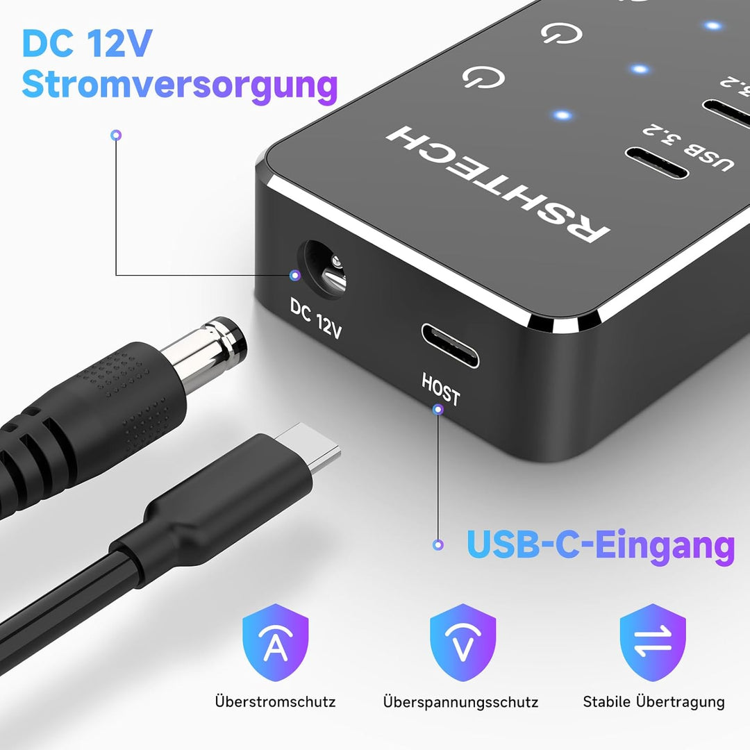 RSHTECH USB Hub 3.2 Aktiv mit Netzteil - Mit 3 10Gbps USB 3.2 und 7 5Gbps USB 3.0 - Insgesamt 10 Por